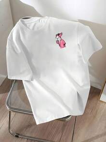Men's Summer Pure Cotton Short Sleeved T-Shirt With Cartoon Pink Panther Pattern Printed On The Back, 200g High-Quality Pure Cotton Short Sleeved T-Shirt, Soft And Breathable, Round Neck Design, Suitable For Both Men And Women, Can Be Worn All Year Round, Music Festival, Daily Casual Street Style, A Must-Have For Pink Panther Enthusiasts, And The Best Gift For Friends - 白色 - 查看 3