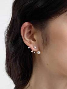 1对女士925纯银不对称钻石珍珠耳环，奢华独特优雅耳环，适合日常佩戴 - #1 - 查看 1