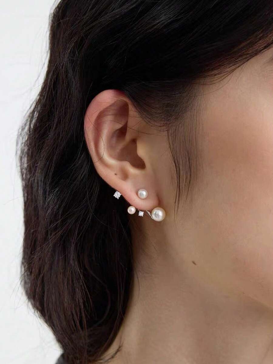 1对女士925纯银不对称钻石珍珠耳环，奢华独特优雅耳环，适合日常佩戴 - #1 - 查看 1