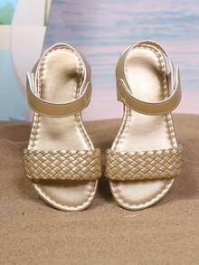 1 Pair Summer New Woven Vamp & Hook And Loop Design Gold Girls Open Toe Flat Sandals, Suitable For 3-15 Years Old Girls To Wear On Beach Vacation, Seaside, Summer Outing, Kindergarten Activities, Parent-Child Visits, Soft Bottom Casual Sandals - Gold - View 4