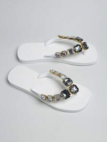 1 Pair Spring/Summer New Beach, Resort, Summer Outdoor, Wedding, Bridesmaid, Bathroom Anti-Slip Women Round Toe Rhinestone Shiny EVA Lightweight Flip Flops - Multicolor - View 1