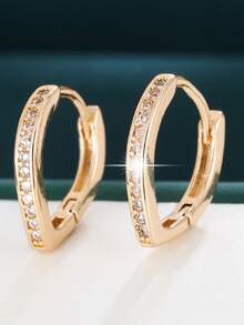 1 Pair Women's Earrings, Fashionable Commuter Earrings, Minimalist Hoop Earrings, Classic Style Embedded Synthetic Zirconia Earrings, Women Accessories - Earrings - View 9