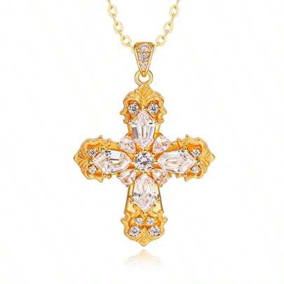 Vintage Palace Style Women's High Carbon Zirconia Cross Pendant Necklace, 18K Gold Plated Luxury Jewelry