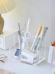 1个透明亚克力三格笔筒多功能收纳盒，适用于办公室、学生书桌、化妆品、护肤品收纳——时尚紧凑的桌面收纳，节省空间，现代透明桌面配件，适合返校季、宿舍、家庭办公室、梳妆台和美容站；非常适合学习角、工艺桌、梳妆台，可收纳化妆工具、钢笔、铅笔、刷子、护肤品罐子和小配件 - 彩色 - 查看 9
