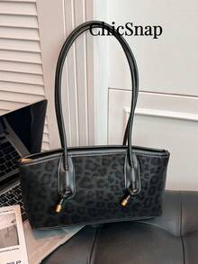 Bolso de hombro de gran capacidad con estampado de leopardo, bolso de mano casual para uso diario para mujeres - Negro - Ver 1