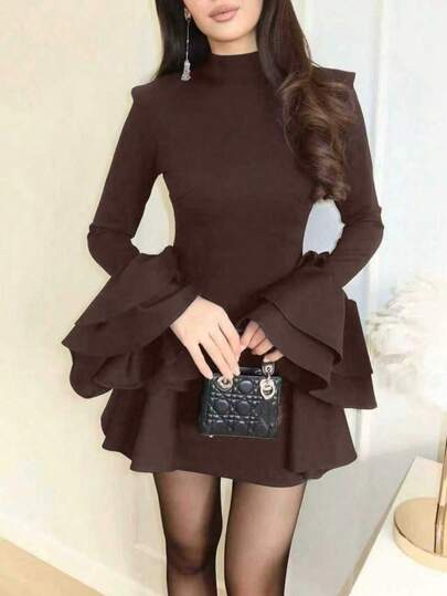 فستان رسمي أنيق للنساء من قماش محبوك ذو لون أحادي، متعدد الطبقات مع ياقة مكسرة/مكشكشة، أكمام طويلة، مناسب للخريف والربيع