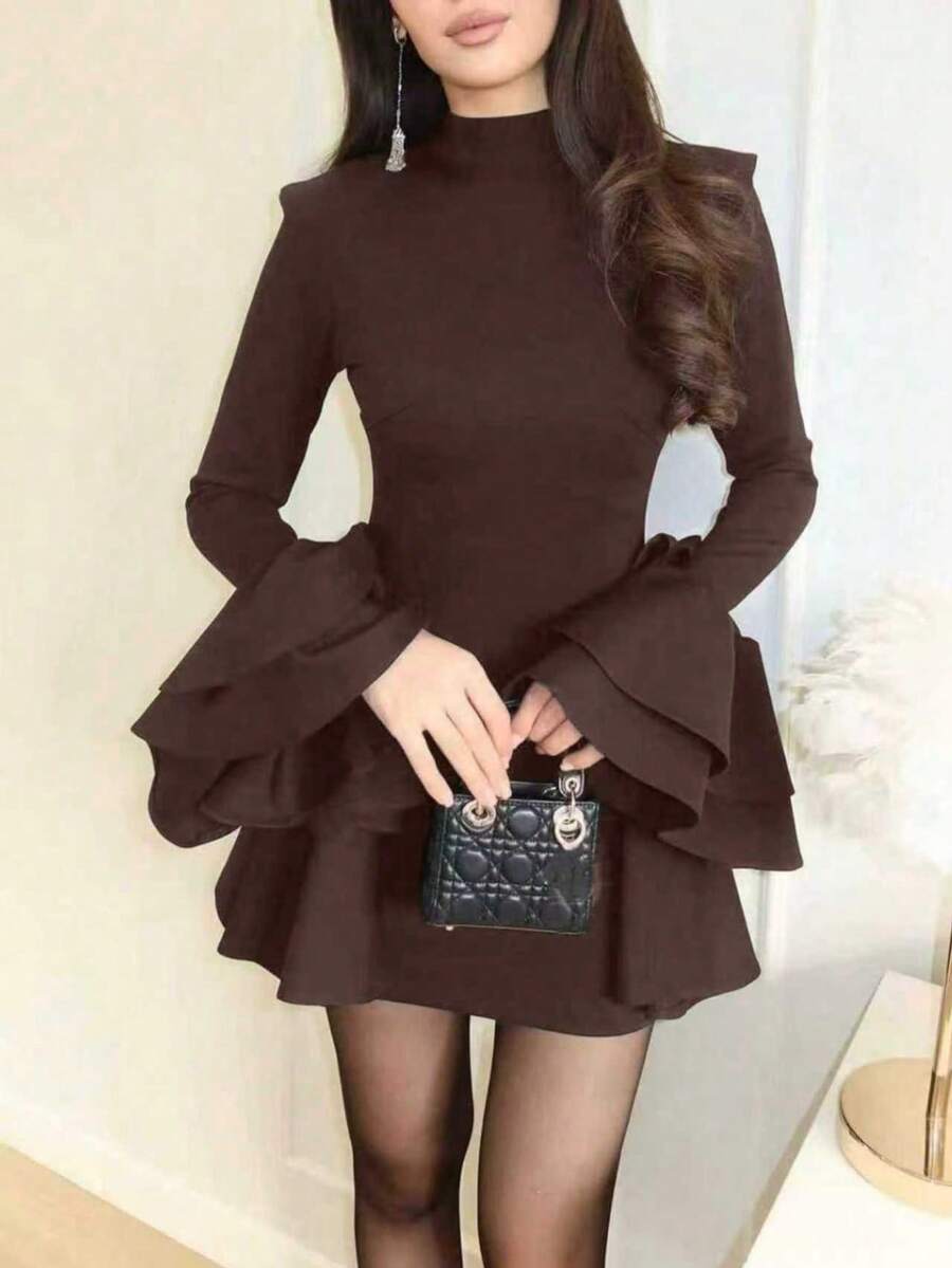 Vestido formal de manga larga con cuello de volantes/volantes multicapa de tela de punto de unicolor elegante para mujer, adecuado para otoño y primavera