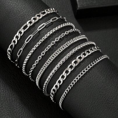 8pcs Stainless Steel Bracelet Set, Chain Bracelets For Men & Women