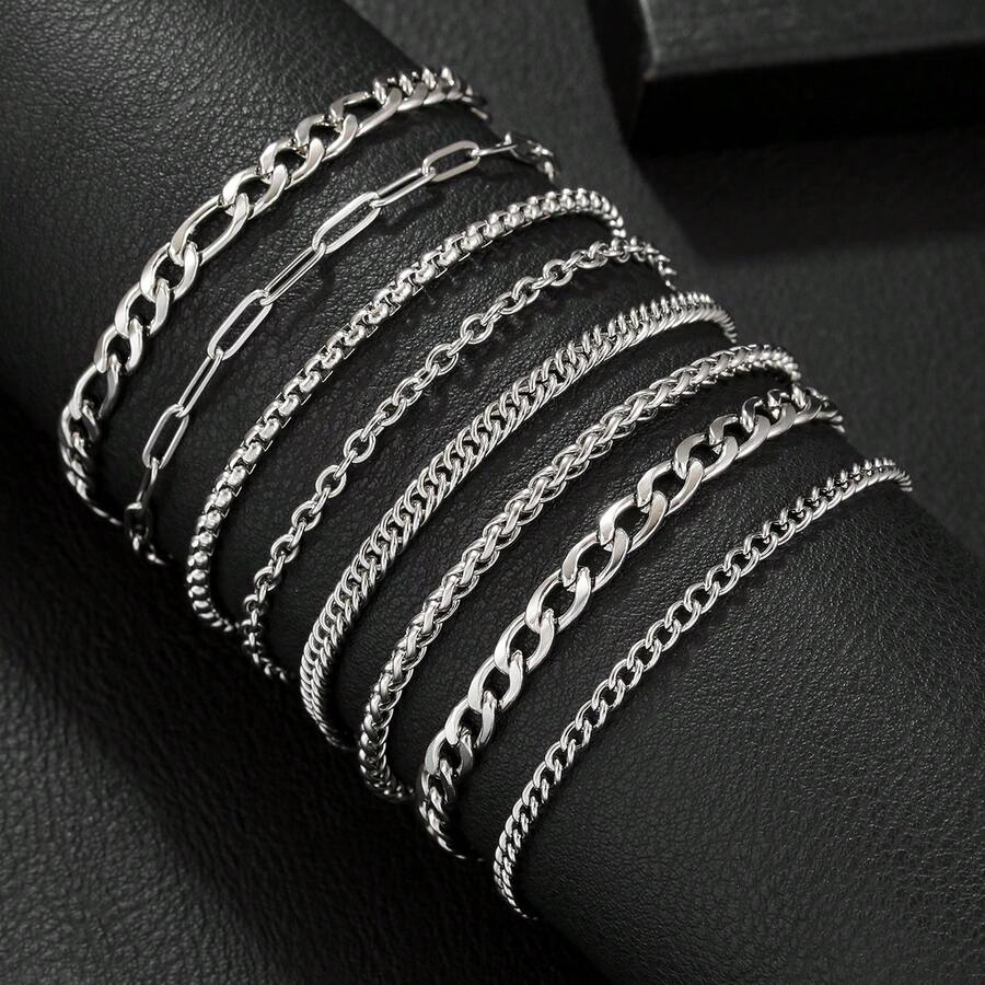 8pcs Stainless Steel Bracelet Set, Chain Bracelets For Men & Women - As Shown In the Figure - View 1