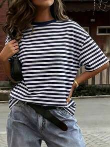 Áo thun nữ Vaiaye cổ tròn dáng rộng, kiểu dáng casual, họa tiết kẻ sọc phối màu tối giản, tay ngắn, thích hợp cho mùa xuân/hè, lý tưởng cho ngày Valentine. - Màu xanh hải quân - Xem 5