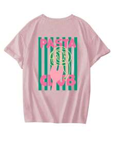 夏季新款时尚条纹休闲印花T恤，意大利美食印花圆领短袖T恤，时尚百搭，女士必备 - 淺粉色 - 查看 4