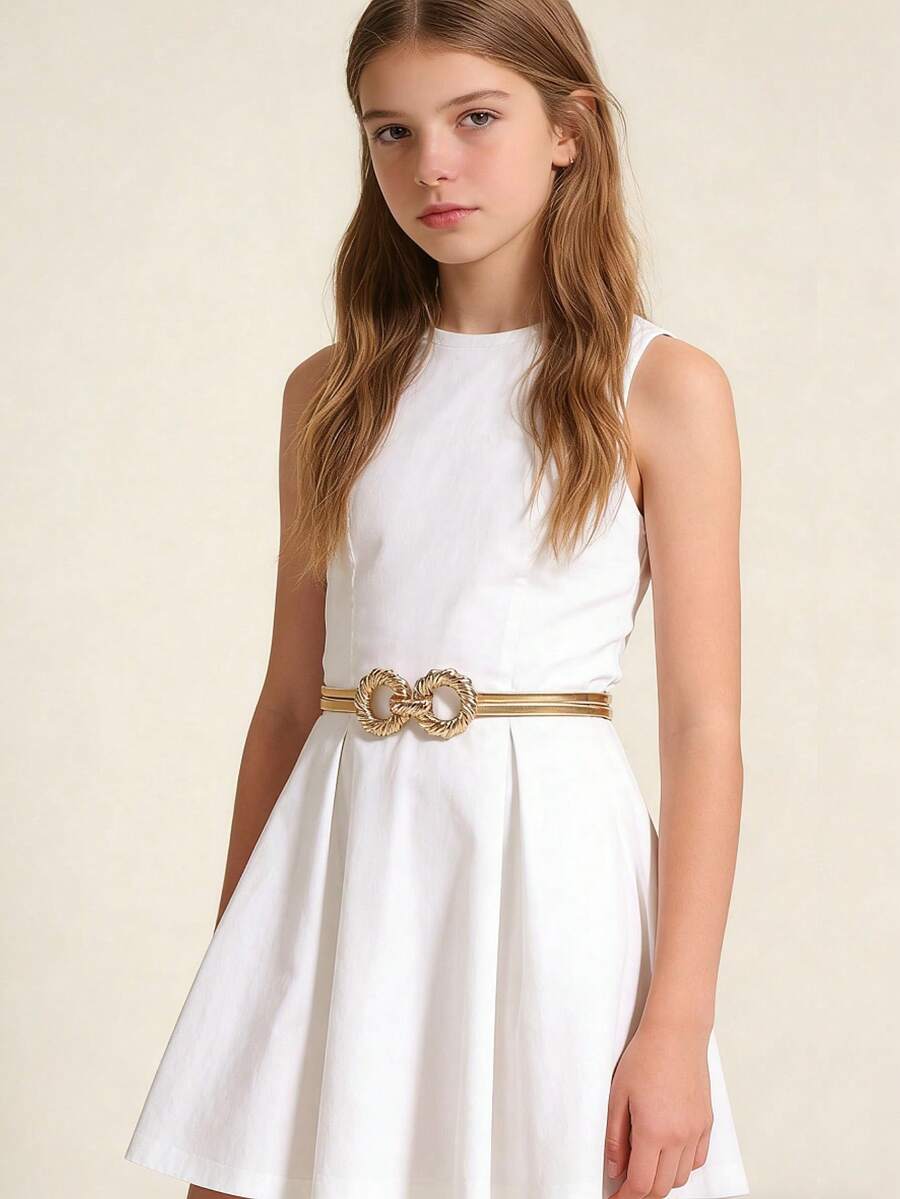 1pc Children's Pearl Elastic Waist Chain Belt, Girl Belts, Belts For Girl, Y2K Girl's Minimalist Sweet Double Circle Twist Spring Gold Waist Belt, Matching Skirts And Shirts, Party, Holiday Gift, Birthday Gift, New Year - Gold - View 1