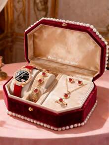 6件套优雅时尚可爱精准圆形石英表，搭配PU皮表带，以及心形水晶项链、手链、戒指和耳环首饰套装，适合女孩日常佩戴，生日/节日礼物，完美适用于返校、度假、旅行、派对装饰、情人节、新年等场合，是送给女孩的优雅配饰。 - 彩色 - 查看 6