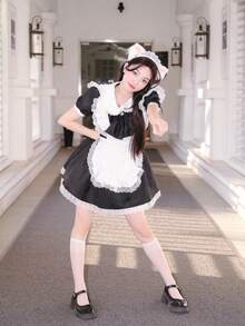 1 Stück Mädchenkleid, süßes Glocken- & Spitzen-Schleifen-Lolita Maid Café Uniform, geeignet für Ausstellungen, Partys, Bühnenauftritte, Maid Café Arbeit, Halloween - Verschiedenfarbig - Übersicht 6