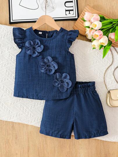 2pcs/Set Young Girl Casual Floral Decor Sleeveless Woven Solid Color Shirt And Wide Leg Shorts Set, Suitable For Summer Outdoor, Daily, Leisure & Holiday