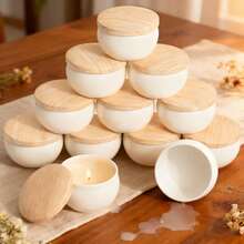 48件/6套完整DIY蜡烛制作套装，包含2.2盎司白色哑光金属罐（带木纹盖）——6个罐子、6个支架、16根烛芯和20张贴纸——无蜡手工材料，适用于香薰蜡烛/清洁燃烧蜡烛，家居装饰收纳容器 - 白色 - 查看 2