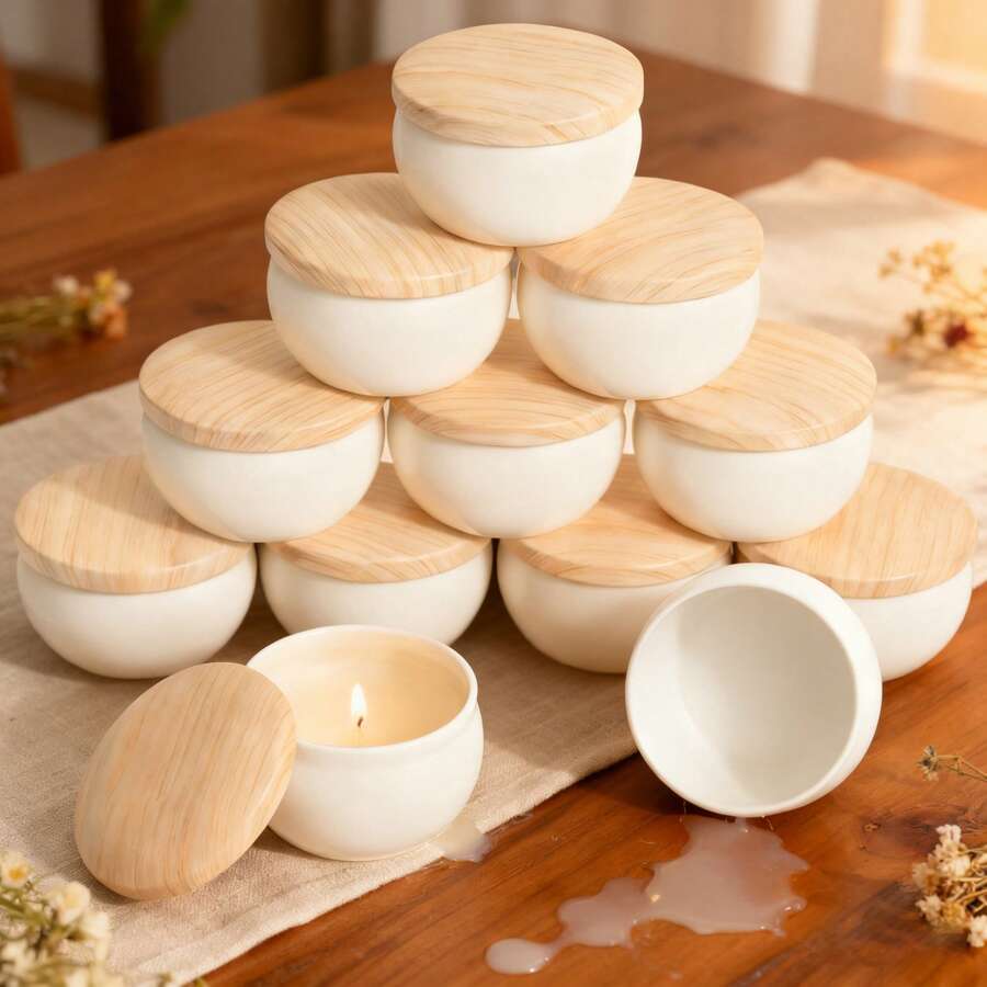 48件/6套完整DIY蜡烛制作套装，包含2.2盎司白色哑光金属罐（带木纹盖）——6个罐子、6个支架、16根烛芯和20张贴纸——无蜡手工材料，适用于香薰蜡烛/清洁燃烧蜡烛，家居装饰收纳容器