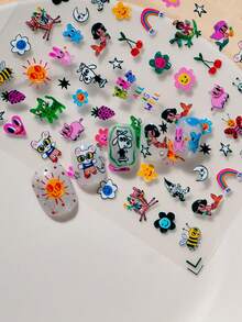 1张街头涂鸦卡通美甲贴纸，包含彩虹、太阳、爱心、花朵、星星、蜜蜂、鬼脸、趣味人物、蜗牛元素，色彩鲜艳，适合打造吸睛、独特、甜美又酷炫的美甲设计。 - 彩色 - 查看 4