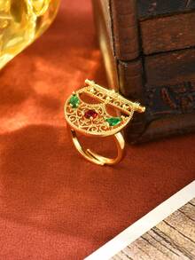 1pc Vintage Bohemian Style Hollow Moon Zirconia Copper Plated Gold Adjustable Ring, Women's Daily, Holiday, Gift Accessory - Multicolor - View 8