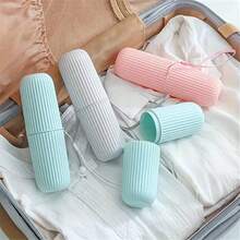 1pc Vertical Striped Portable Toothbrush Holder, Includes Rinse Cup, Toothbrush Rack, Toothpaste Rack, Suitable For Outdoor Camping Travel, Compact And Lightweight Design - Multicolor - View 3