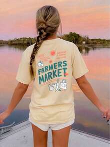 Tween Girls Casual Printed Round Neck Short Sleeve T-Shirt, Summer Top - Apricot - View 1