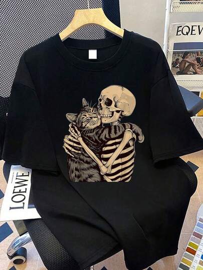 大码女式骷髅猫印花圆领休闲T恤，适合夏季度假、海滩、节日、春季、情人节、狂欢节、母亲节等场合作为礼物