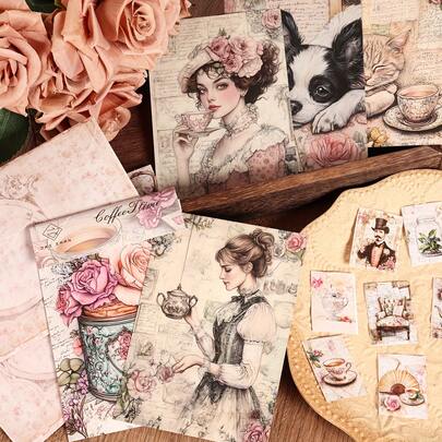 JAIIMAN 12cards, 4envelopes, 32stickers Victorian Floral Tea DIY Decoration Double-Sided Writable Thick Cardboard Set, For Scrapbooking Supplies, Junk Journal, Wall Decoration, Blessing Postcard