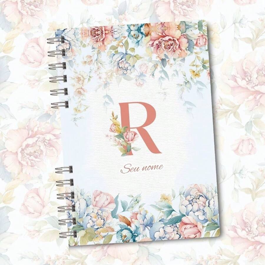 A5 Floral Pink And Blue Notebook Personalized With Initial Of The Alphabet - R - View 1