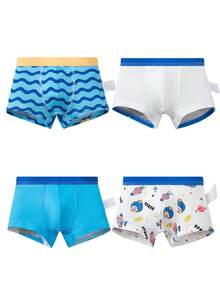 4pcs/Pack Boys' Astronaut & Rocket Print Boxer Briefs - Blue and White - View 2