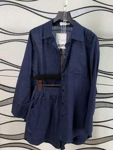 Linen Shirt And Shorts Set, 2 Pieces, Lined With Elastic. Summer Vacation: Perfect For Celebrating Christmas, New Year's Eve And New Year In Brazil! - 藏蓝色 - 查看 3