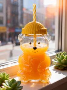 1个熊形玻璃吸管杯，带盖，透明，高档果汁/冷饮/咖啡杯，居家/办公情人节礼物 - 彩色 - 查看 6