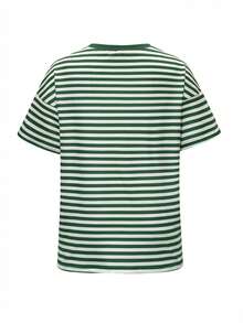 Vaiaye 女士宽松圆领休闲T恤，条纹拼接简约修身短袖T恤，适合春夏穿着，情人节服装 - 綠色 - 查看 4