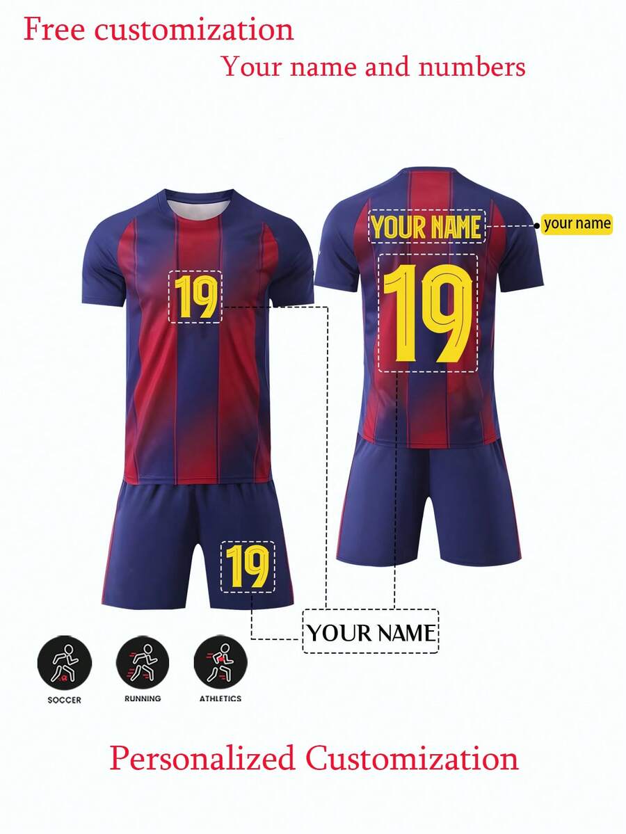 Bộ 2 món đồng phục bóng đá in họa tiết toàn thân cá nhân hóa dành cho bé trai, tên và số tùy chỉnh, áo và quần bóng đá, phù hợp cho các hoạt động thể thao, đạp xe, chạy bộ ngoài trời, giống phong cách của người nổi tiếng. - Màu xanh lam - Xem 1