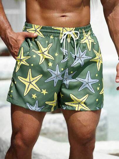 Men's Casual Starfish Pattern Woven Fabric Beach Shorts With Pockets Short Length Vacation Essential Men Shorts Colorful Starfish Men Swim Trunks