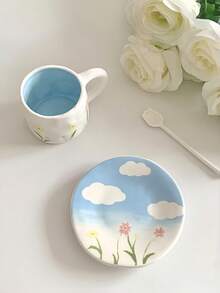 1pc Pink Floral Ceramic Coffee Cup & Saucer Set, Hand-Painted Blue Sky & White Cloud Coffee Mug, Birthday/Holiday Gift, Ceramic Teacup - Multicolor - View 13