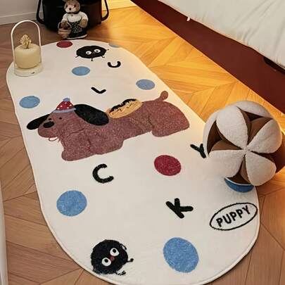 1 pezzo Tappeto ovale in pelliccia sintetica con motivo cucciolo carino, tappeto spesso e soffice antiscivolo per camera da letto o bagno