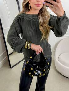 Women's Knit Blouse With Inverted Braid, Long Puff Sleeves, Ribbed Cuffs, Fashion Knitwear For Winter - Verde Olive - View 5