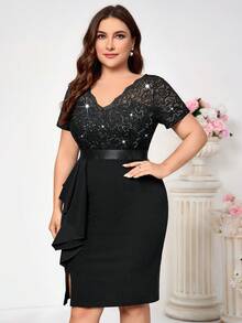 Plus V Neck Sequin Lace Bodice Contrast Ruffle Split Thigh Hem Evening Party Bodycon Dress, Work Business Dress, Semi Formal Wedding Guest Dress, For Birthday, Graduation And Date Night - 黑色 - 查看 6