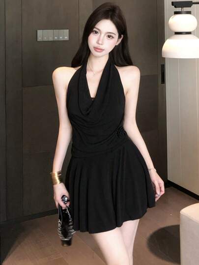 Sexy Backless Waist Cinching Floral Decor Halter Dress, Vacation Style, Summer Dress Black