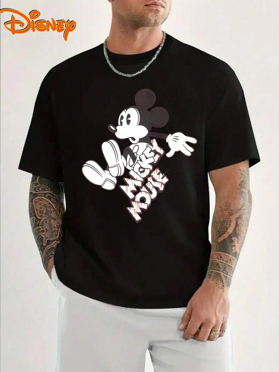 Disney Men's Casual T-Shirt With Black And White Retro Mickey Silhouette Pattern, Full Of Street Atmosphere, Suitable For Young People Who Like American Retro And Cartoon Collaboration - màu đen - Xem 1