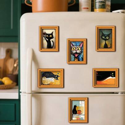 1/6pcs Exquisite Mini Black Cat Pattern Wooden Fridge Magnets, Suitable For Refrigerator, Whiteboard, Washing Machine, Cabinet And Home DIY Decor, A Fun Gift!