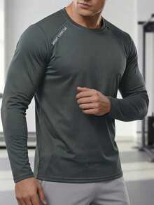 男士圆领休闲运动长袖T恤，纯色健身跑步长袖T恤上衣，适合户外活动，运动T恤上衣，节日礼物 - 灰色 - 查看 1