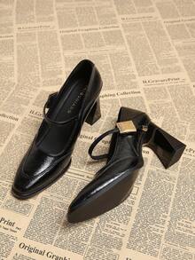 2025秋季女装时尚优雅尖头粗跟低帮鞋，百搭复古玛丽珍高跟鞋，欧美风格 - 黑色 - 查看 1