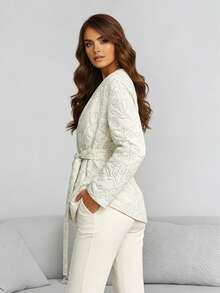 Áo khoác blazer dài tay, thanh lịch, thoải mái, có họa tiết, thắt nơ phía trước, thời trang. - trắng - Xem 3