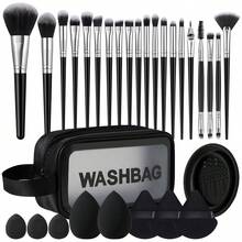 30PCS Makeup Tools Set Including:20PCS Makeup Brush Set+1pc Multi-Functional Zipper Toiletry And Cosmetic Bag Waterproof+2PCS Makeup Sponges+3PCS Triangle Powder Puffs+3PCS Mini Air Cushion Powder Puffs+1pc Makeup Brush Cleaning Tools - Black - View 11