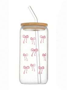 1个粉色蝴蝶结印花玻璃杯，配竹制杯盖和吸管，大容量可重复使用，适合盛装咖啡和果汁，四季皆宜的家庭聚会 - 彩色 - 查看 8