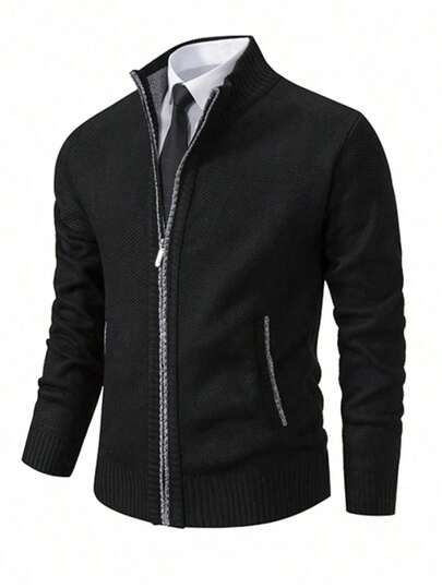 Men's Zip Collar Knit Long Sleeve Thermal Lined Sweatshirt Jacket, Warm For Autumn/Winter