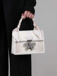 2026新款高品质时尚链条珍珠水钻蝴蝶通勤渐变鳄鱼纹压花小方包，奢华法式小众设计丝带斜挎单肩包 - 米色 - 查看 3