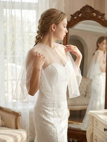 1pc Minimalist Soft Net Short Women's Shawl | Fashionable Elegant Bridal Gown Dress Outerwear | Versatile Arm Cover Cloak Cardigan | Wedding Lace Trim Capelet Jacket Accessory