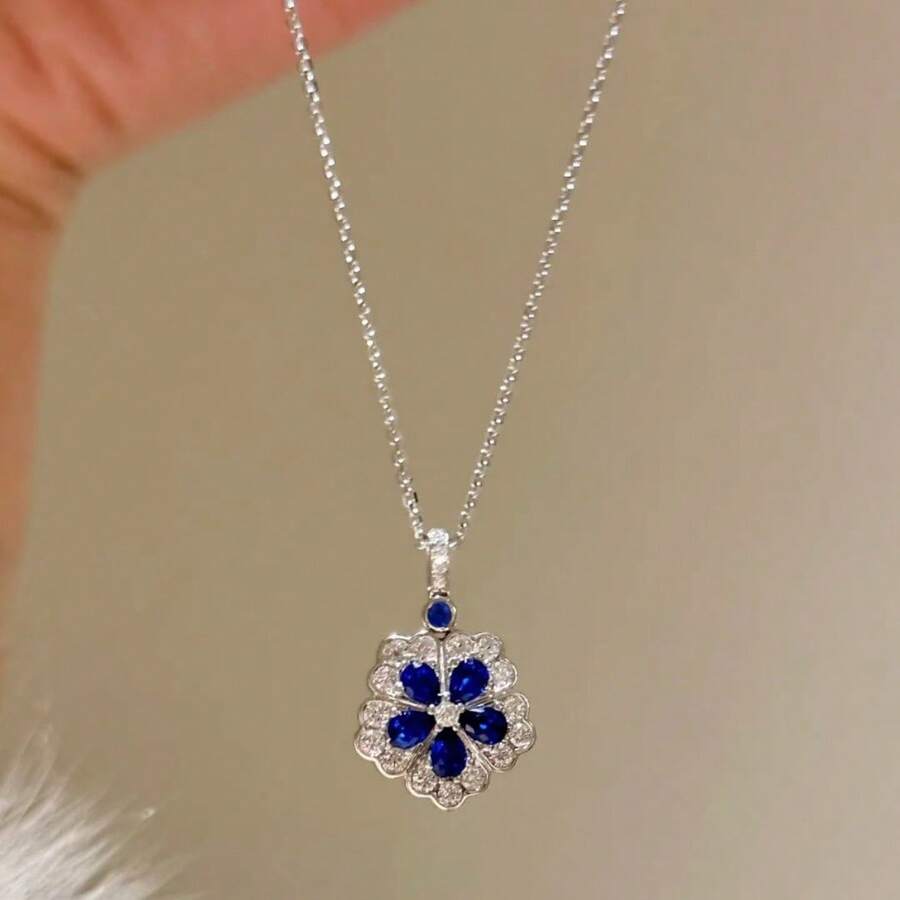 优雅三叶草蓝色吊坠项链，铂金镀层锁骨链，女士日常佩戴饰品 - 藍色 - 查看 1